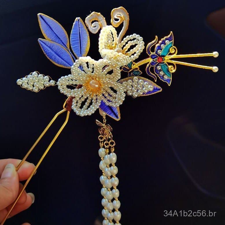 Grampo de cabelo original com contas imitação de jade e borla de seda com bordas douradas, grampo de cabelo Hanfu, acess