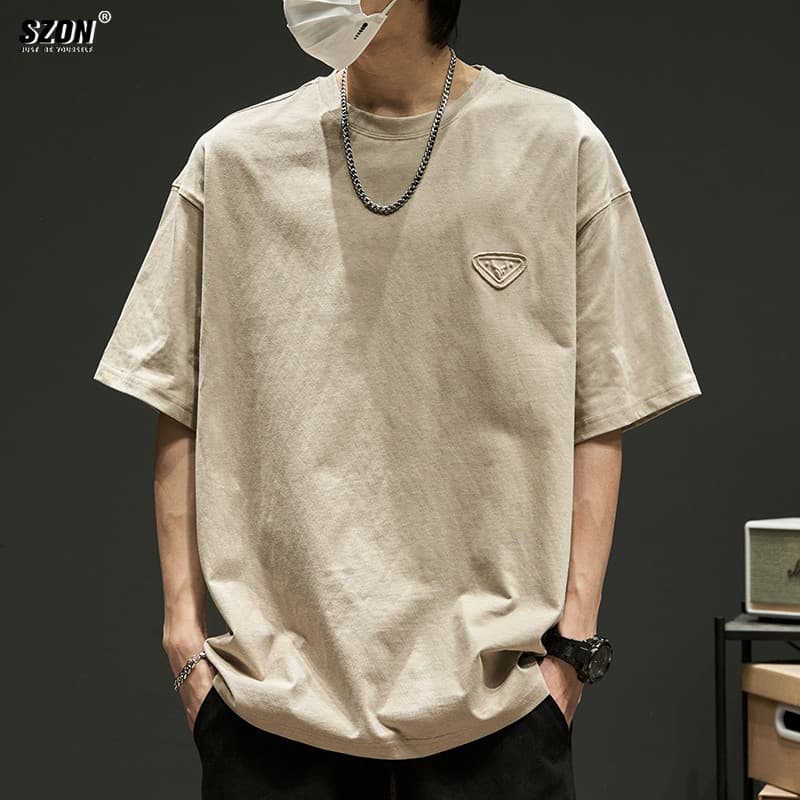 Camiseta masculina de manga curta japonesa simples bordada meia manga na moda All-Match camiseta americana puro algodão