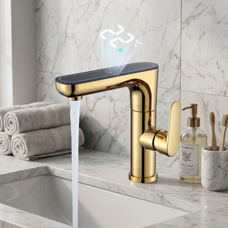 Torneira com LED Banheiro Mostrador de Temperatura Energia Hidráulica 360° Ouro