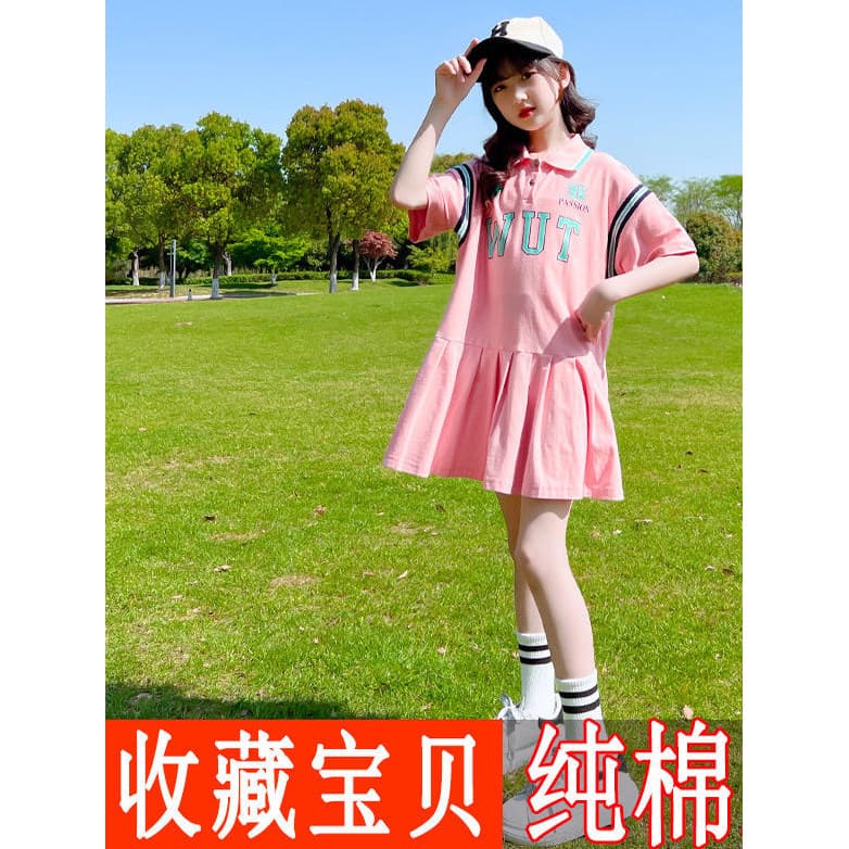 Puro algodão meninas novo estilo vestido estilo esportivo verão solto Casual médio grande crianças saia polo vestido de