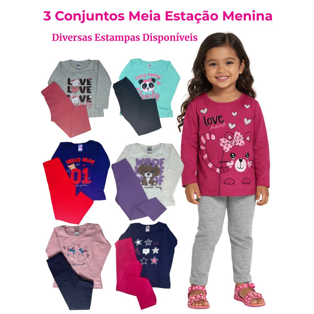 Kit 3 Conjunto Infantil Menina Meia Estação 3 Camisetas Manga Longa + 3 Calças Legging Lisas ou Estampadas Cor Sortida
