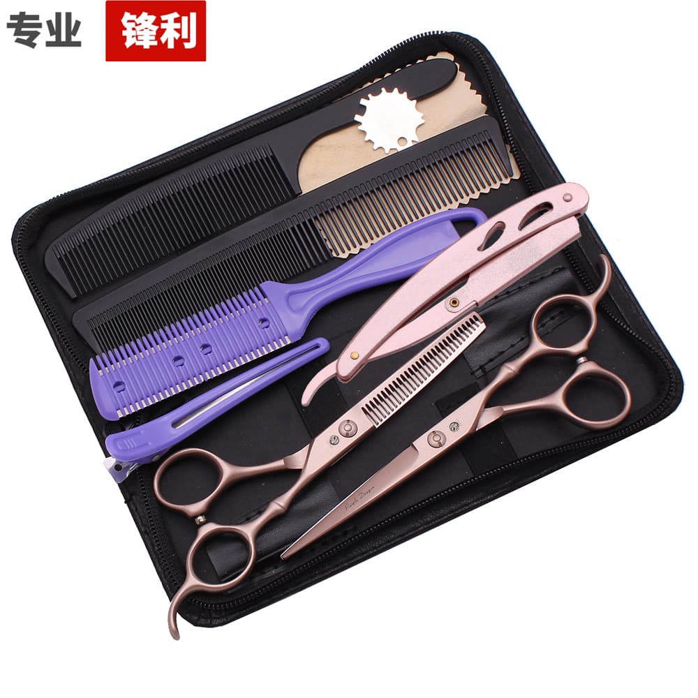 Zilong tesoura de corte de cabelo profissional, cabo de bambu preto, corte plano, franja, corte de dentes, desbaste, sal
