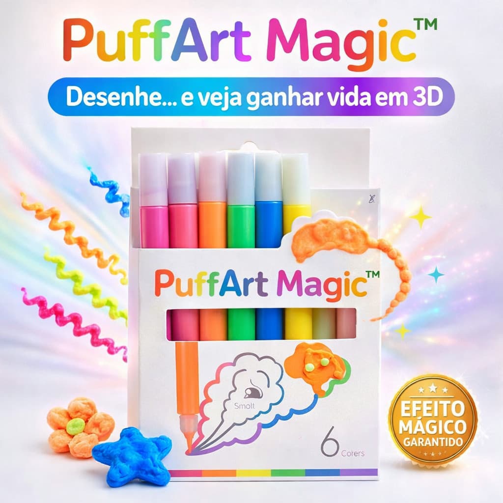Canetinha Mágica 3D PuffArt Magic™ 6 Cores Neon Desenho em Relevo Infantil DIY Canetinha Pipoca