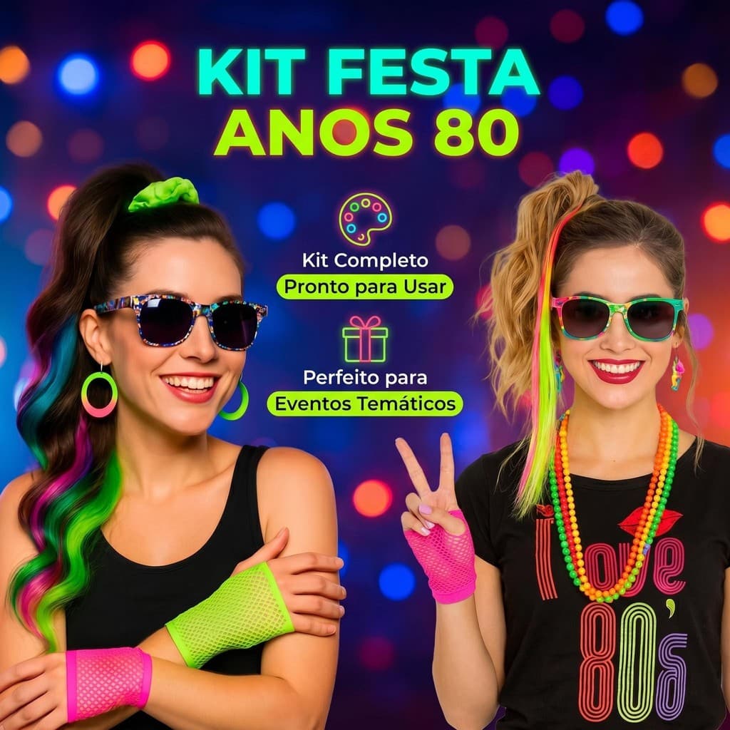 Kit de 4 Peças Acessórios para Festa de Retrô neon dos anos 80 feminina década