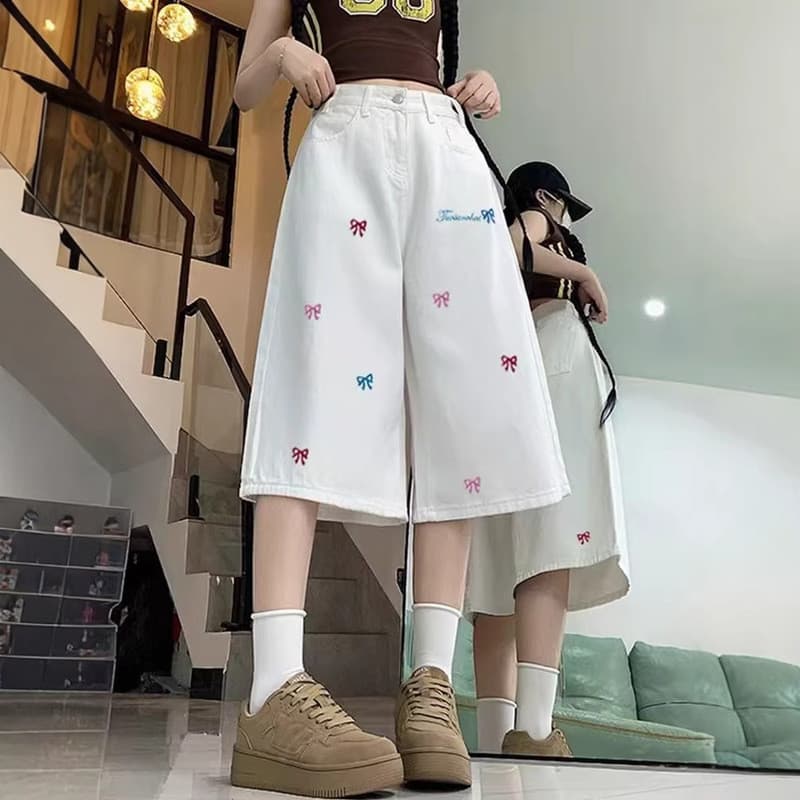 Verão novo estilo cortado Jeans feminino ins cintura alta mais magro olhar na moda All-Match solto capa carne reta perna