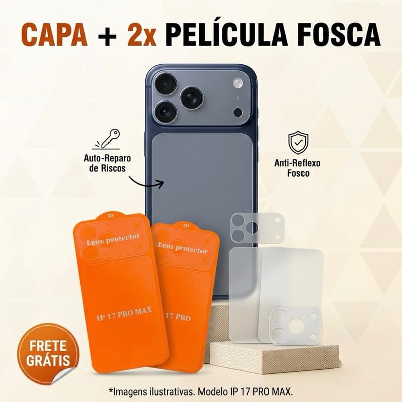 Capa Fibra de Capacte Luxo para iPhone 17 Pro Max Com ou Sem Brilho + 2 Películas Traseiras Foscas Kit Premium