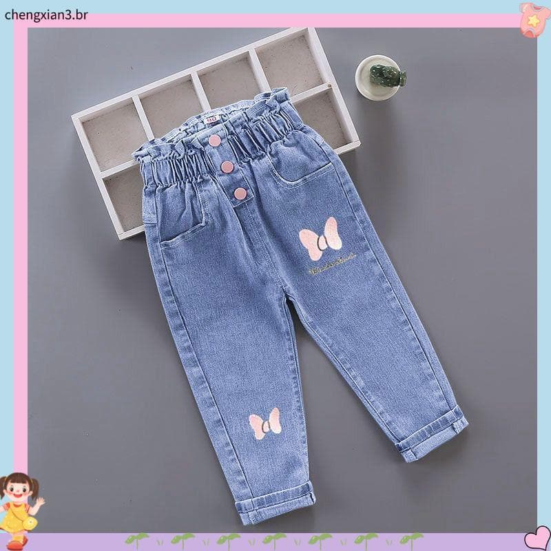 Kids Girl Jeans Floral Cartoon Calças Longas De Grafite De Primavera Outono Pintura Impressão Casuais Com Furo Ganga Pa