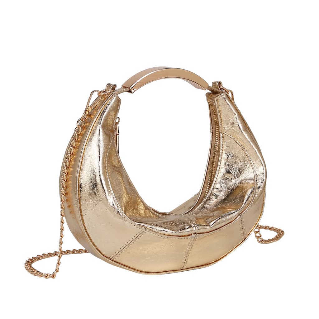 Baixo luxo dourado Metal crescente saco elegante alça de corrente bolsa feminina Mini