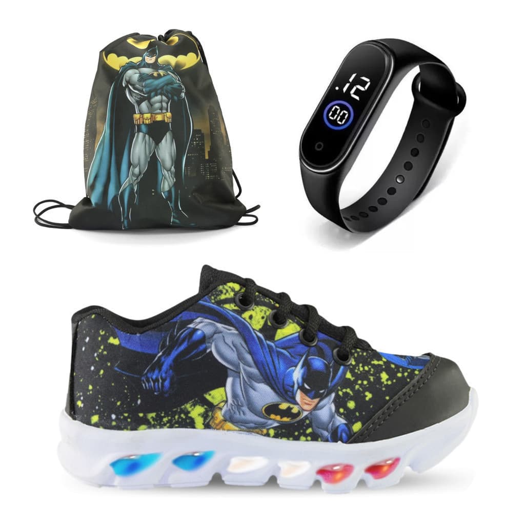 Kit Tênis de Led do Batman com Mochila e Relógio Solado Micro Expandido
