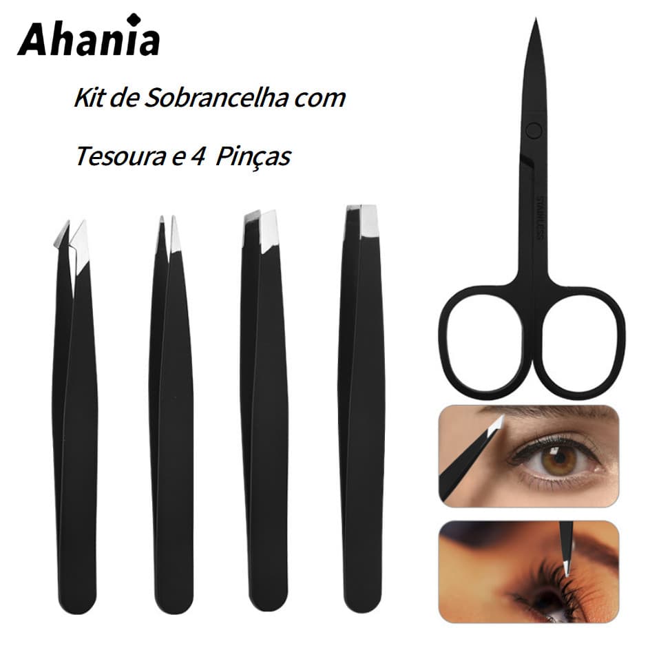 Kit 4 Pinças e 1 Tesoura para Sobrancelha Profissional Preto Pinças de Ponta Reta/Chanfrada/Curva/Fina