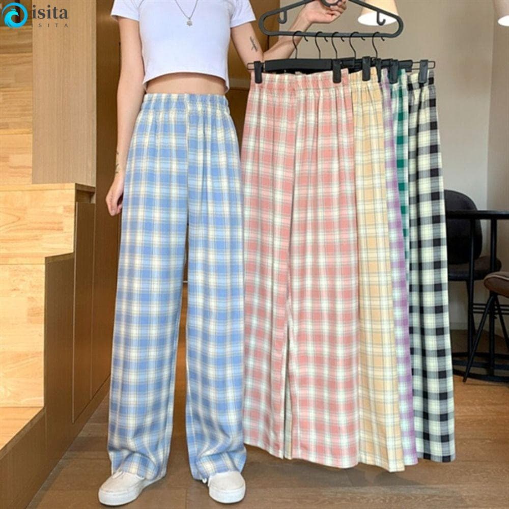 ISITA Calças Femininas Xadrez Vintage , Cintura Alta Solta Harajuku , Perna Larga Diária Reta Y2K