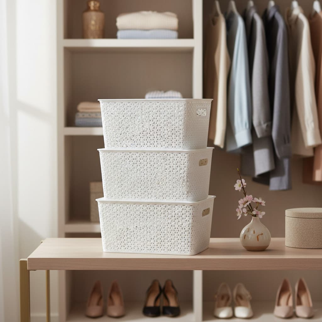 Kit 3 Caixas Organizadoras Com Tampa Grande 15 Litros Rattan P/ Armário Closet Banheiro Lavanderia
