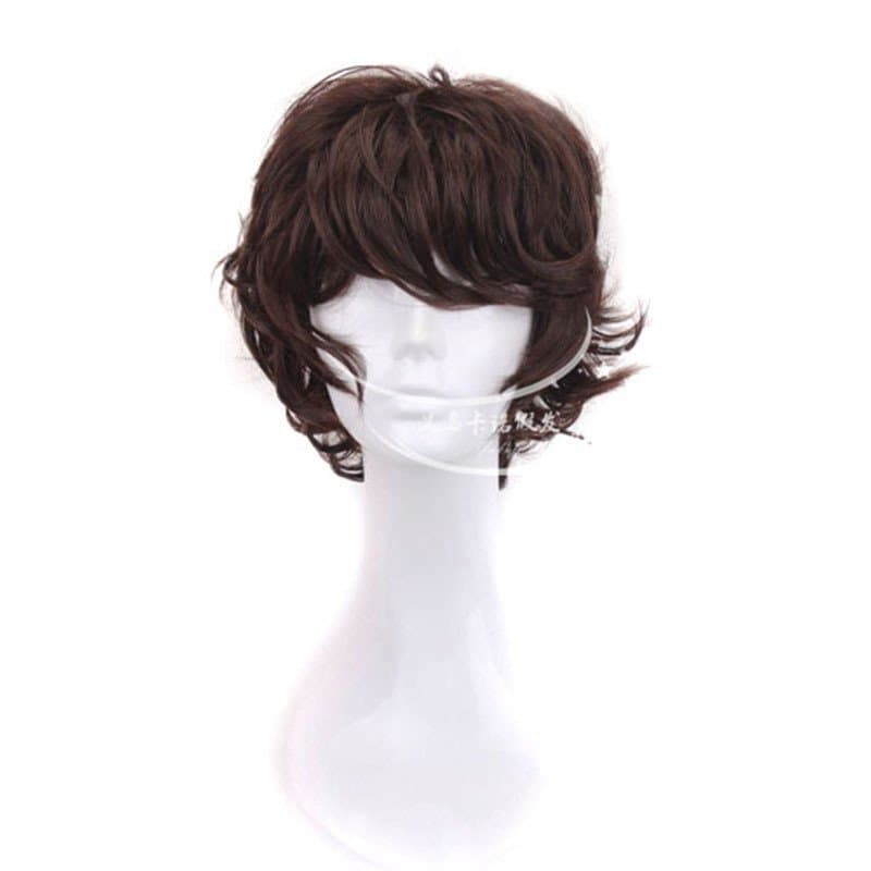 Peruca de cosplay de anime curta, ondulada e cacheada, em fibra de alta temperatura, com base de rede rosa, marrom escur