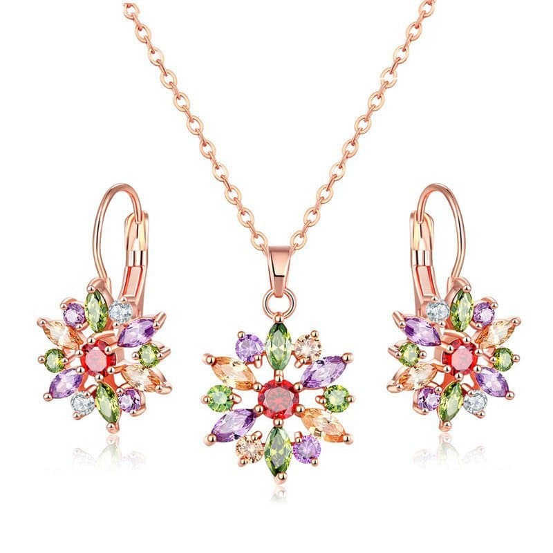 Conjunto de Colar e Brincos de Zircônia Colorida Kashi, Estilo Europeu e Americano, com Zircônia em Forma de Flor de Gel