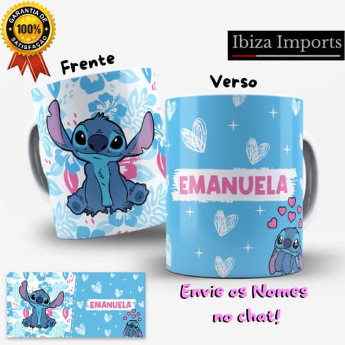 Caneca Stitch e Angel Personalizada com Nome Porcelana 325ml Presente