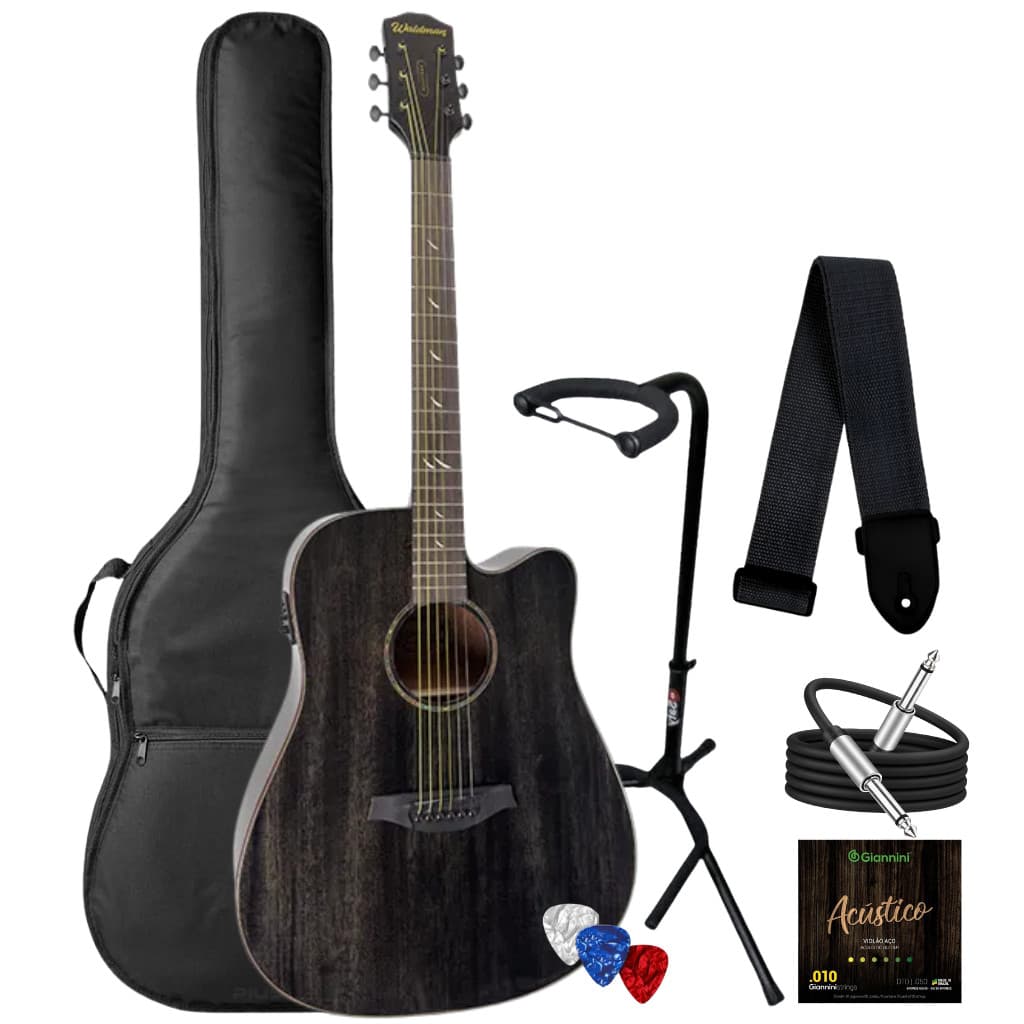 Kit Violao Waldman Opus Grand Dcex-741 Black Preto + Capa Suporte Cabo Correia Palhetas
