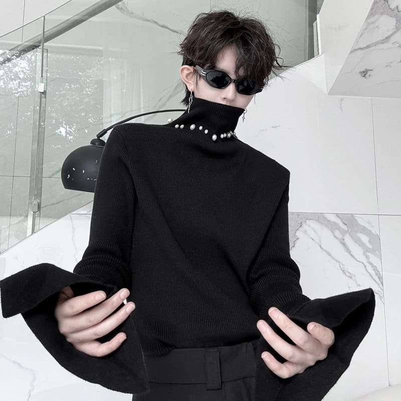 Primavera outono versão coreana de gola alta frisado decoração malhas masculinas camisola fina rufião bonito high-End in