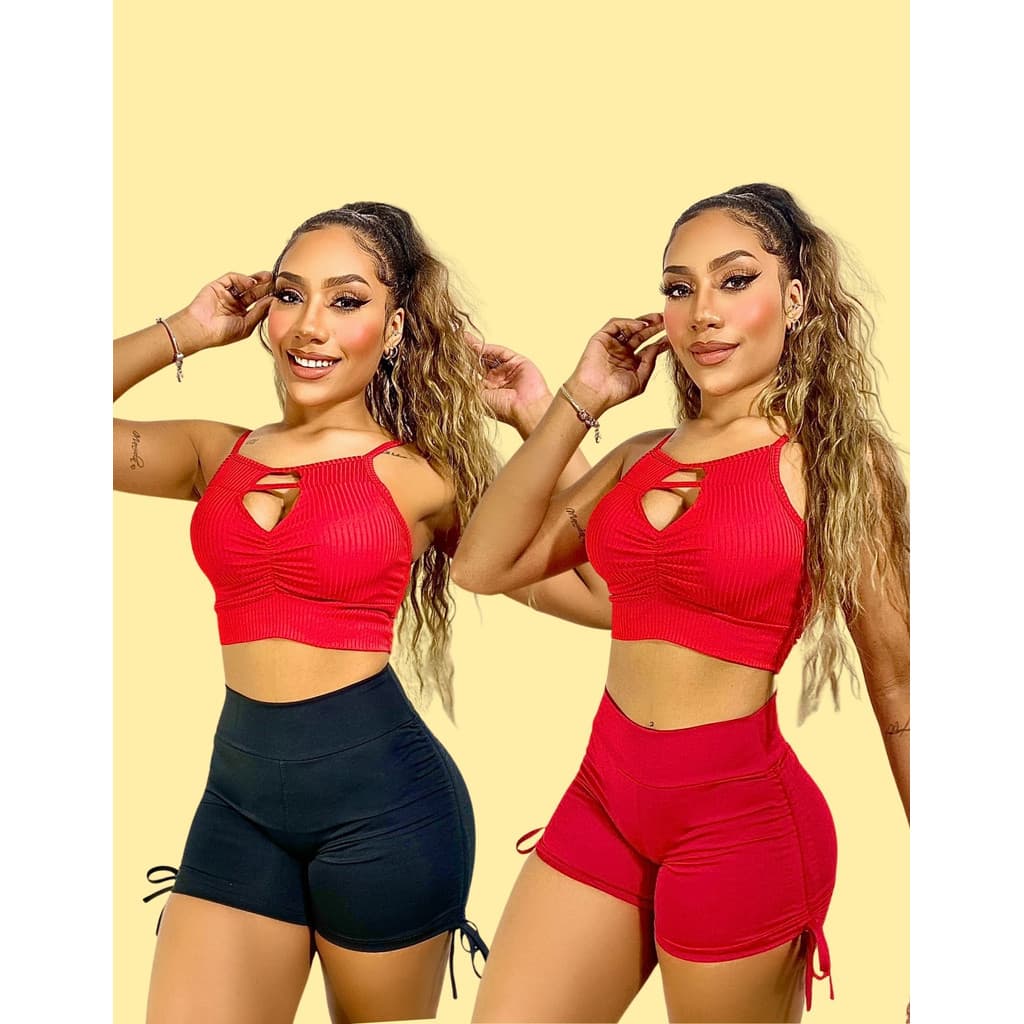 Kit 2 Short Feminino Academia Empina Bumbum Cintura Alta com Cordinha Lateral Reguláveis Fitness e Praia