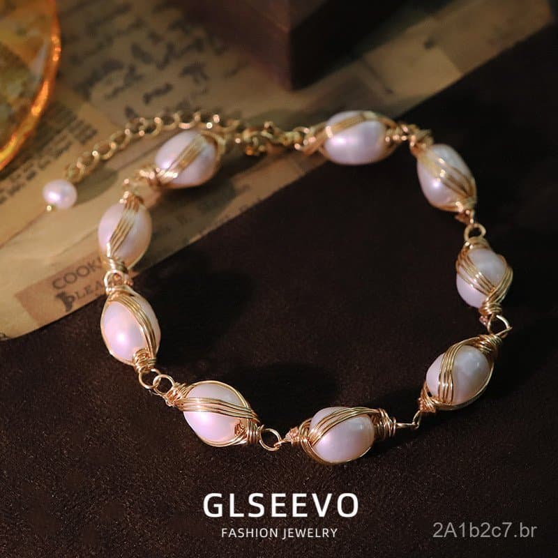 Pulseira de pérolas de água doce para mulheres, conjunto estilo ins, pulseira enrolada em fio com fecho, acessório de mã