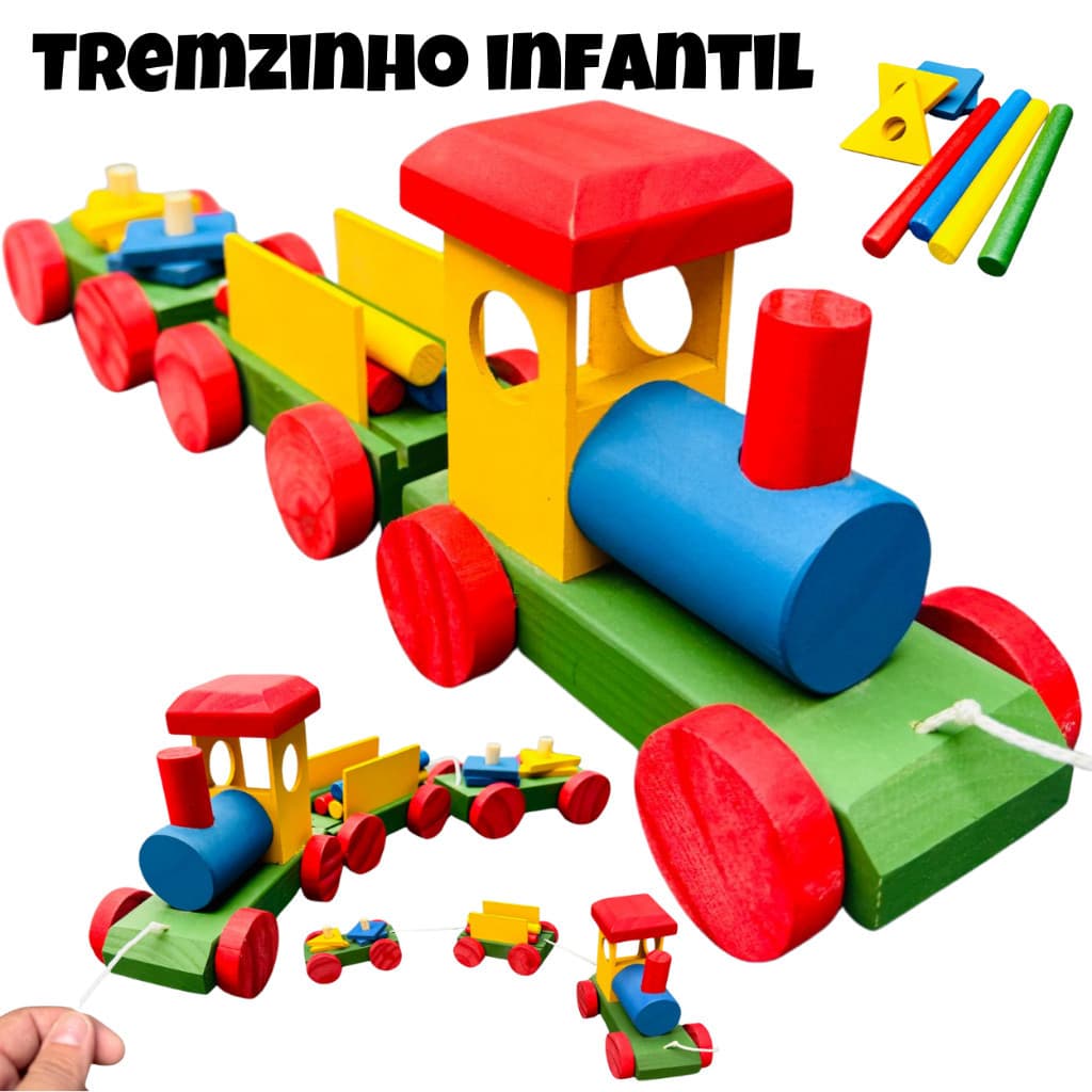 Trem Colorido Infantil Toy Trade - Trenzinho de Madeira Móvel Brinquedo Educativo e Pedagógico