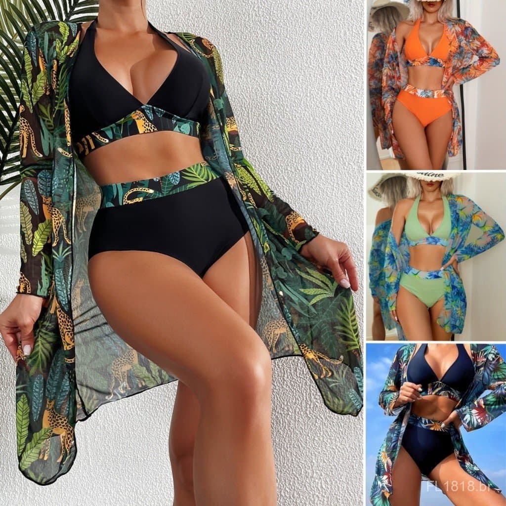 Biquíni triangular com estampa tropical combinado com um quimono correspondente, adequado para praias de verão.