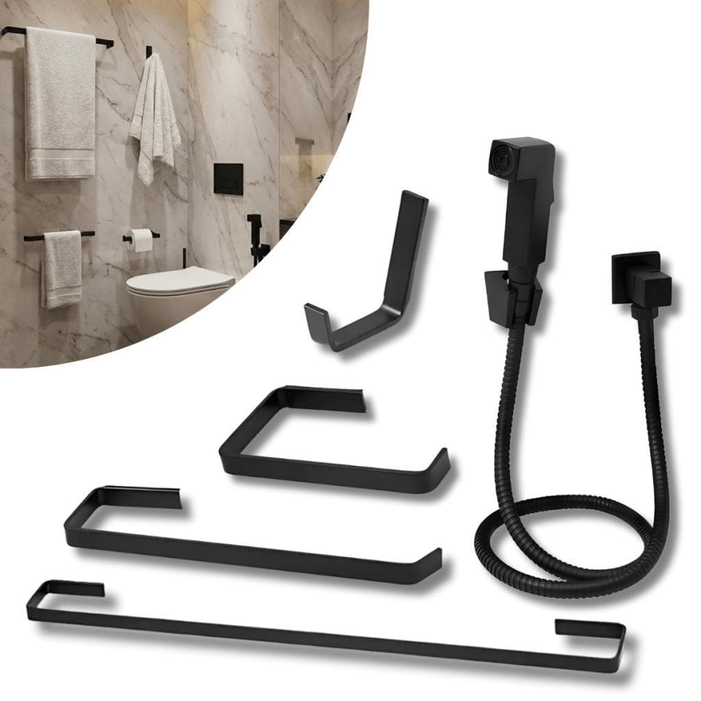 Kit para Banheiro 5 Peças Fixação e Haste Metal Com Ducha Higiênica 1,2mt Luxo Parafusado.