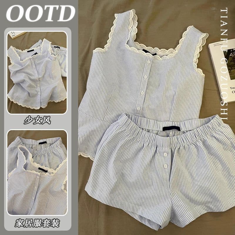 Premium Cloud Cotton Estilo Coreano Manga Voadora Colete Solto Camisola Shorts Pijama Conjunto Para