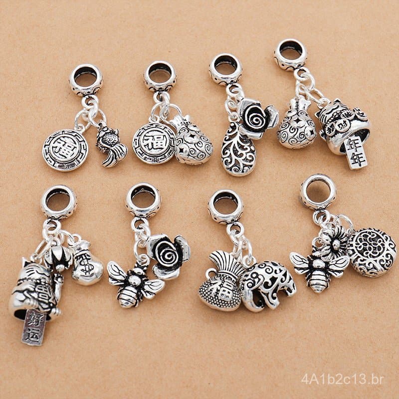 Acessórios de prata esterlina S925 para joias artesanais DIY, pingente de gato da sorte, elefante, bolsa de dinheiro, ac