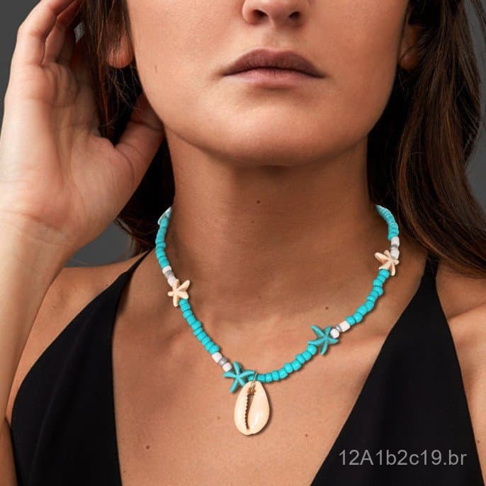 Colar curto com pingente de estrela-do-mar e concha, estilo europeu e americano, joia feminina boêmia, sucesso de vendas