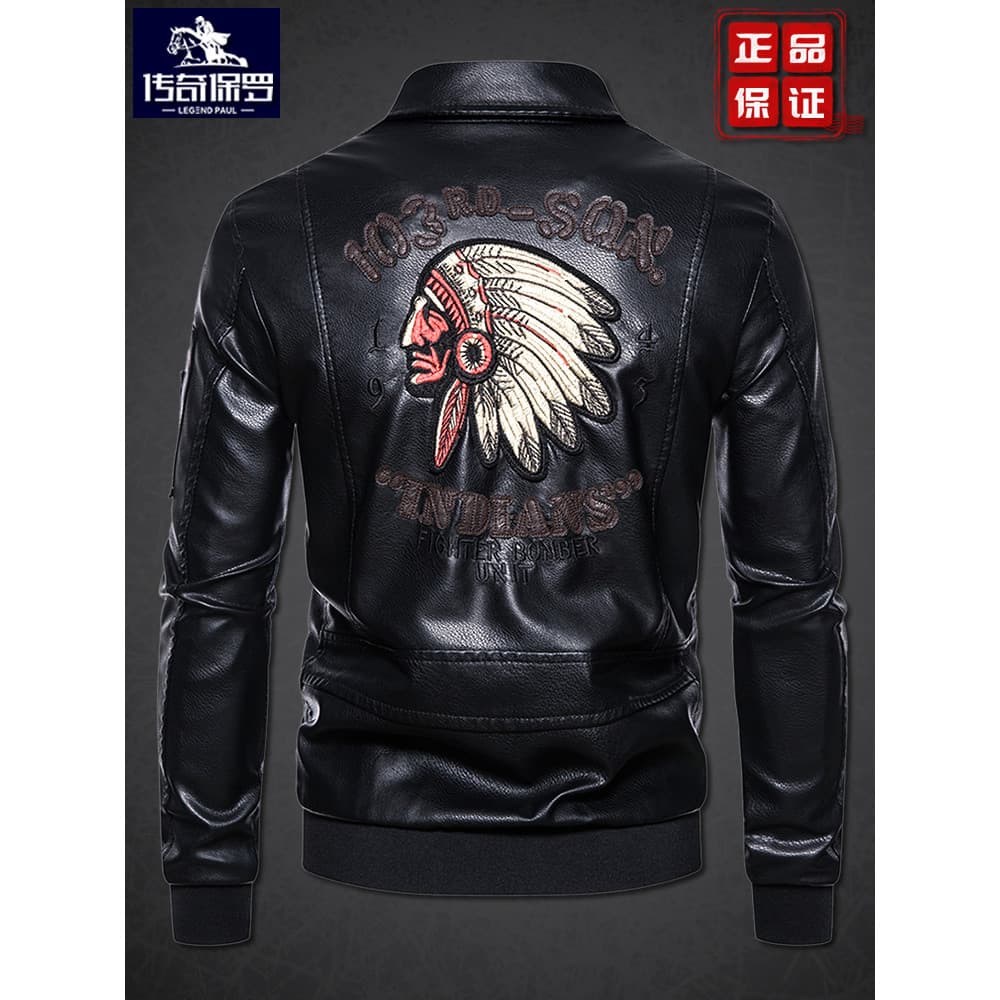 Jaqueta de couro bordada indiana masculina lapela forro de lã engrossado outono inverno jaqueta motocicleta na moda boni