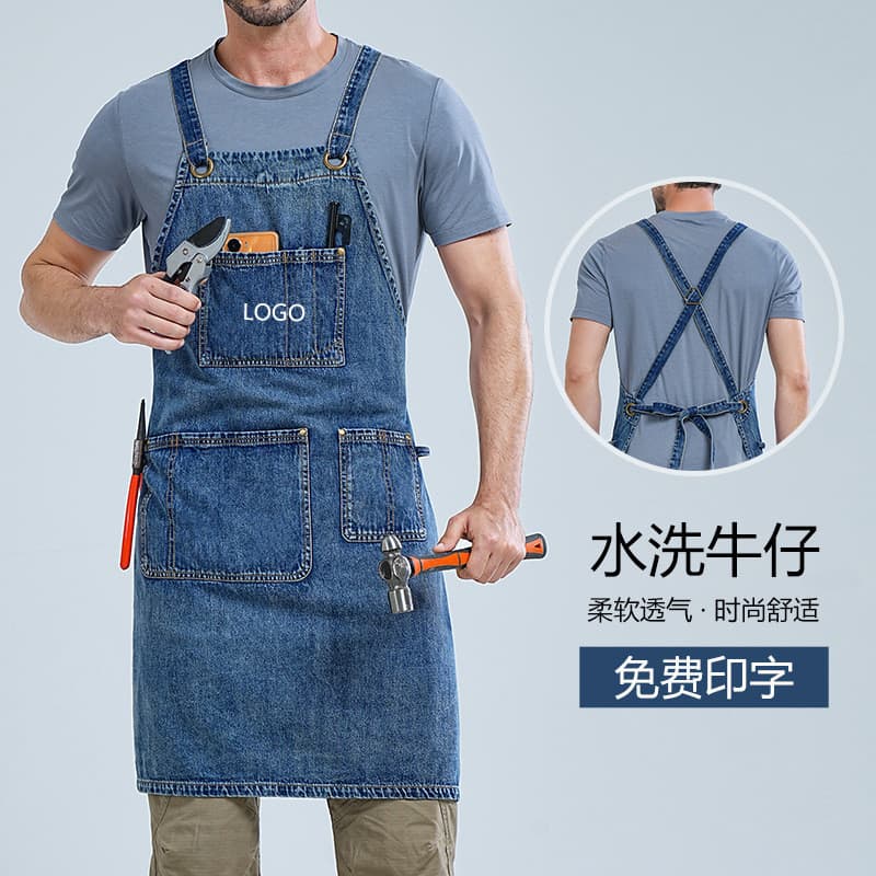 Novos produtos lavado Retro Denim avental resistente ao desgaste carpintaria cozinha cabeleireiro masculino Multi-saco W