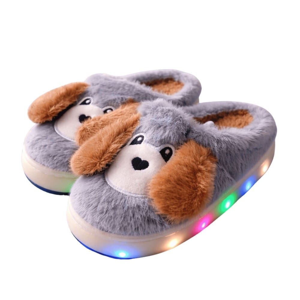 Pantufa Infantil LED Cachorrinho Plush Chinelo Antiderrapante Pelúcia Quentinha Inverno Menino Menina