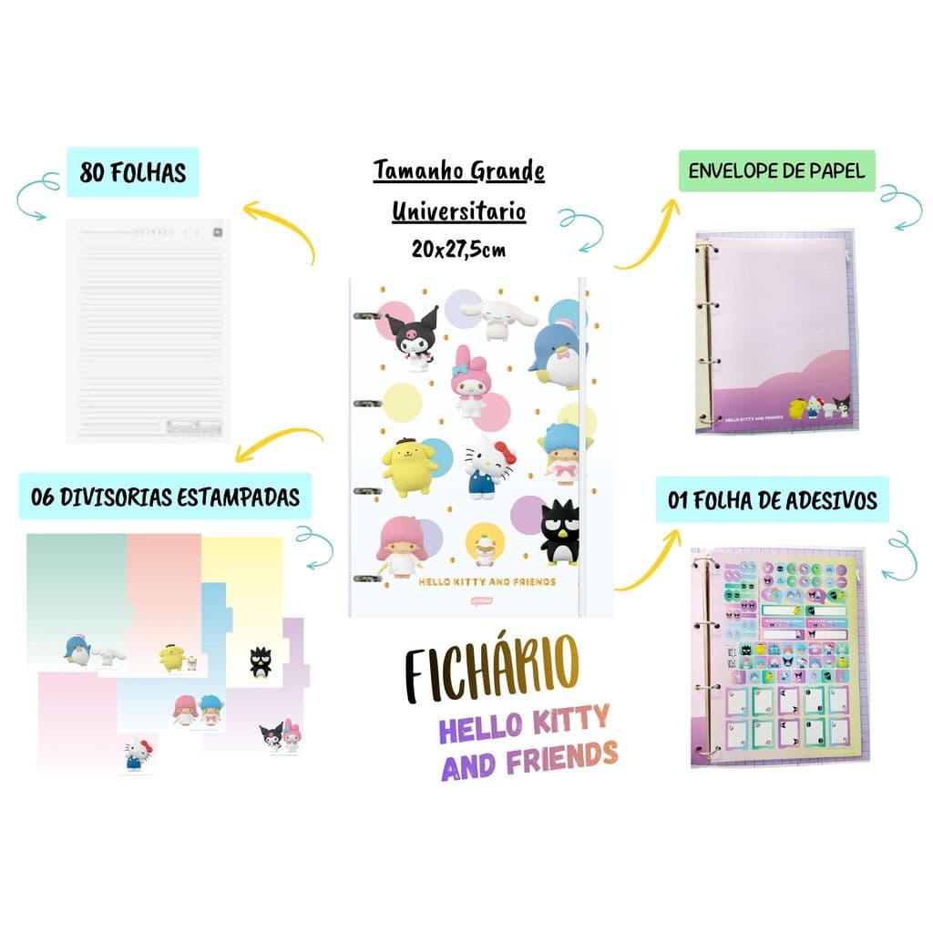 Fichario Caderno Argolado Grande Universitario c/80fls Hello Kitty e Amigos Bubble C/06 Divisorias e Adesivos e Adesivos