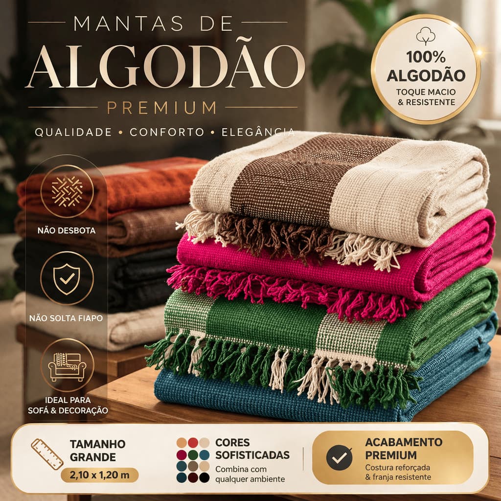 Manta Para Sofá - 2,10 m x 1,20 m - Grande -100% Algodão - Grossa -Decorativa Luxo - Não Solta Fiapo - Não Desbota