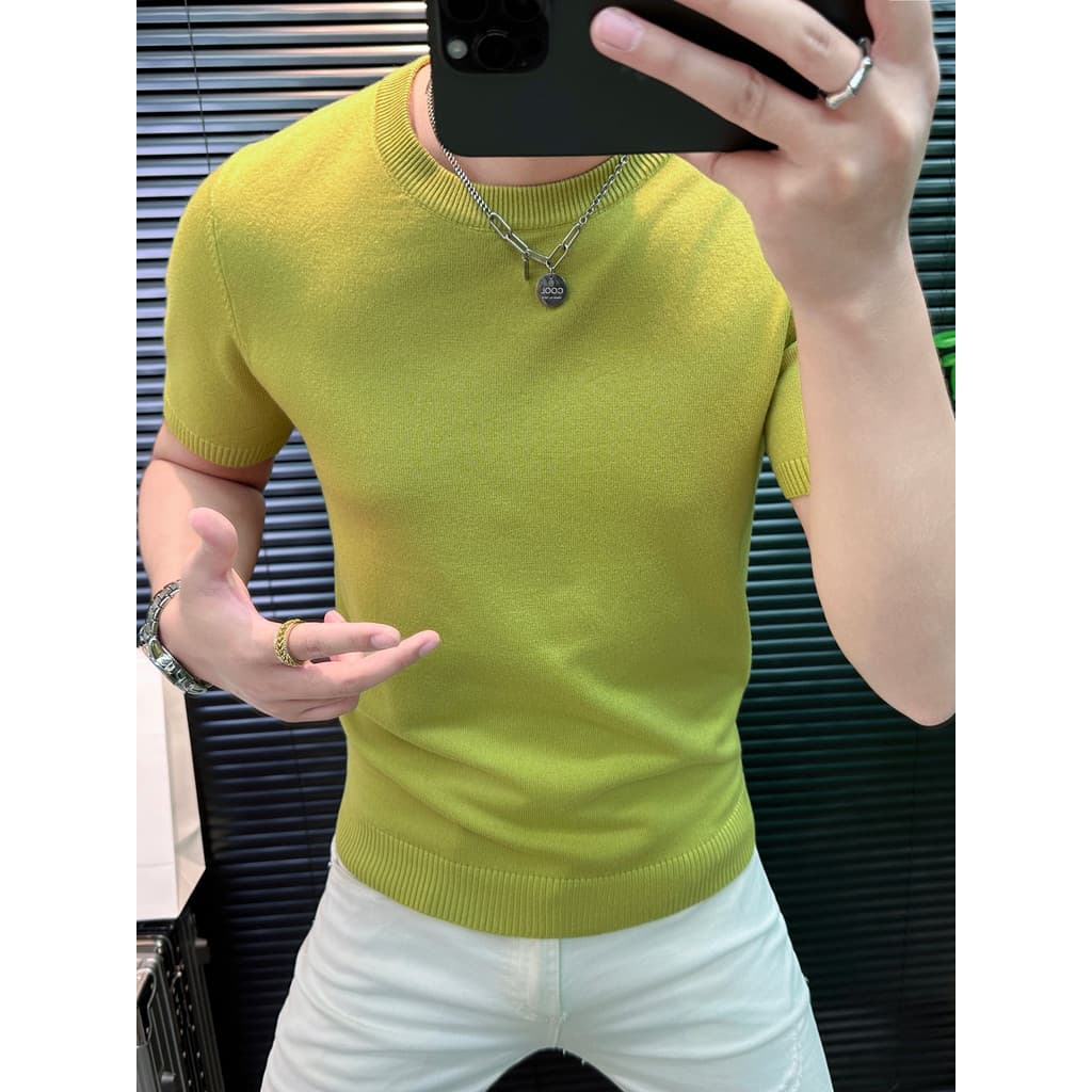Produtos europeus masculinos leves de luxo de malha de manga curta Top leve estilo maduro roupas masculinas cor sólida S