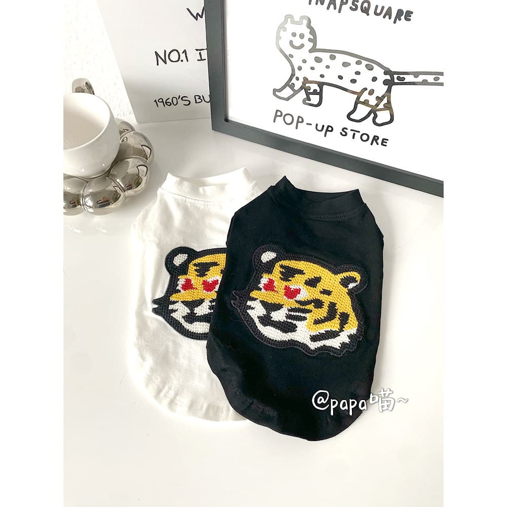 [pa miau] animal de estimação bonito roupas de verão Street Wear bordado algodão fino t cabeça de tigre bordado algodão