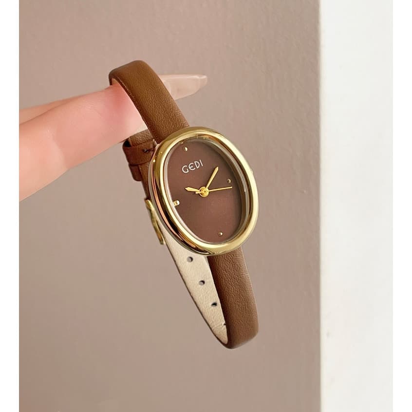 Relógios Elegantes Com Pulseira De Couro De Luxo Para Mulheres , Relógio De Quartzo Resistente À Água Mostrador Oval Peq