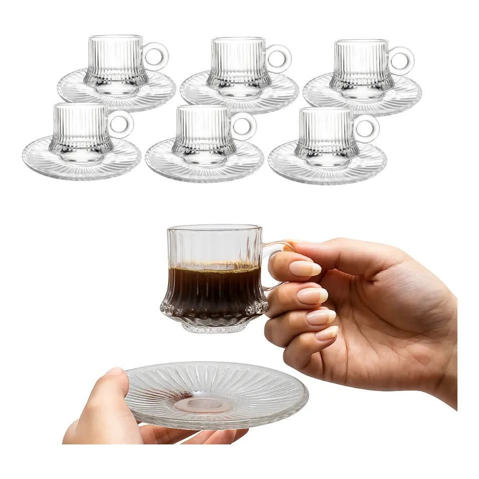 Jogo 6 Xícara De Vidro Com Pires Café Chá 90ml Canelada Cor 6