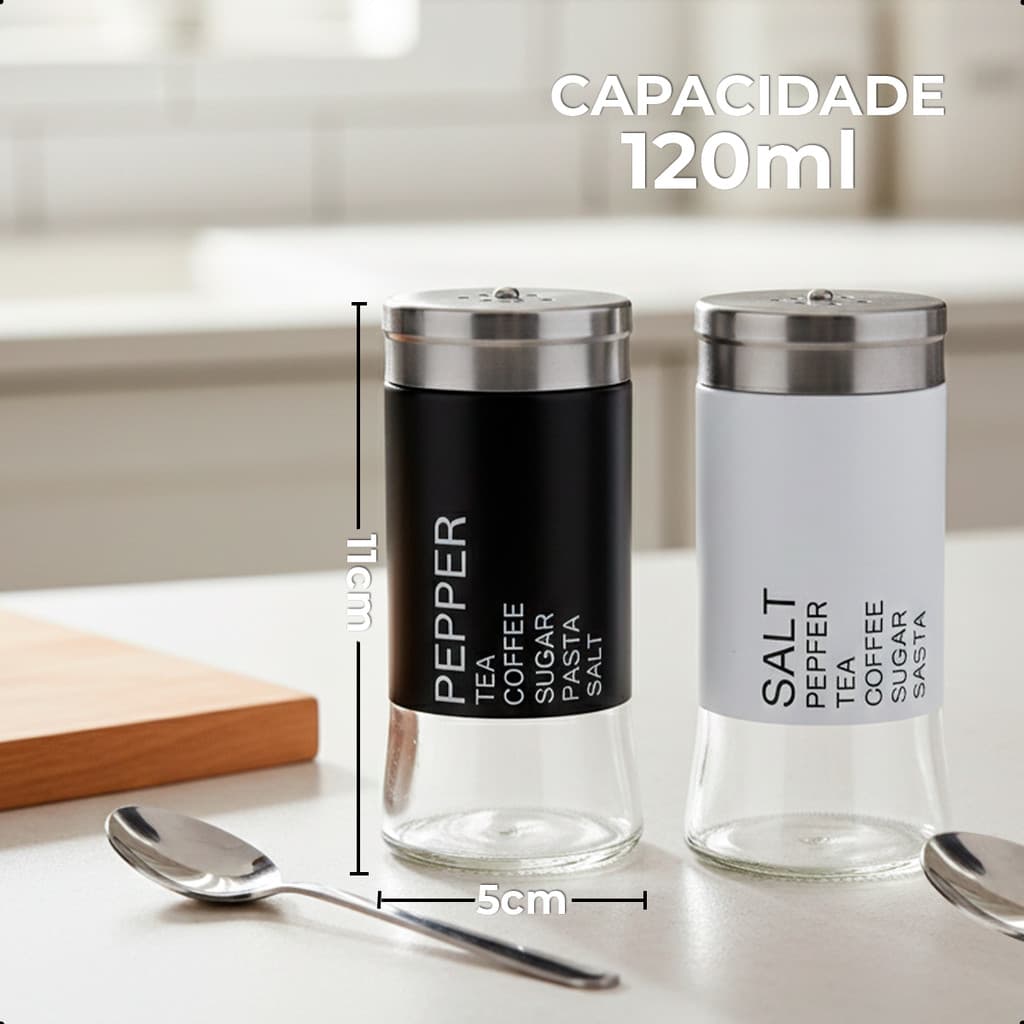 Kit 2 Saleiro Pimenteiro Porta Sal Paliteiro Temperos Vidro Sal  Pimenta 120ml Original Kitchen