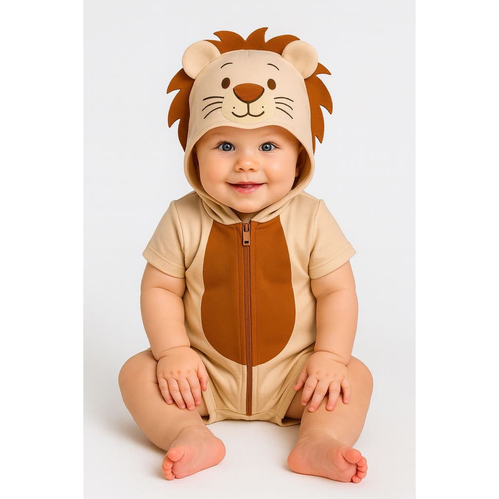 Macacão Verão Leão Com Capuz Bordado Bebe Fantasia Safari