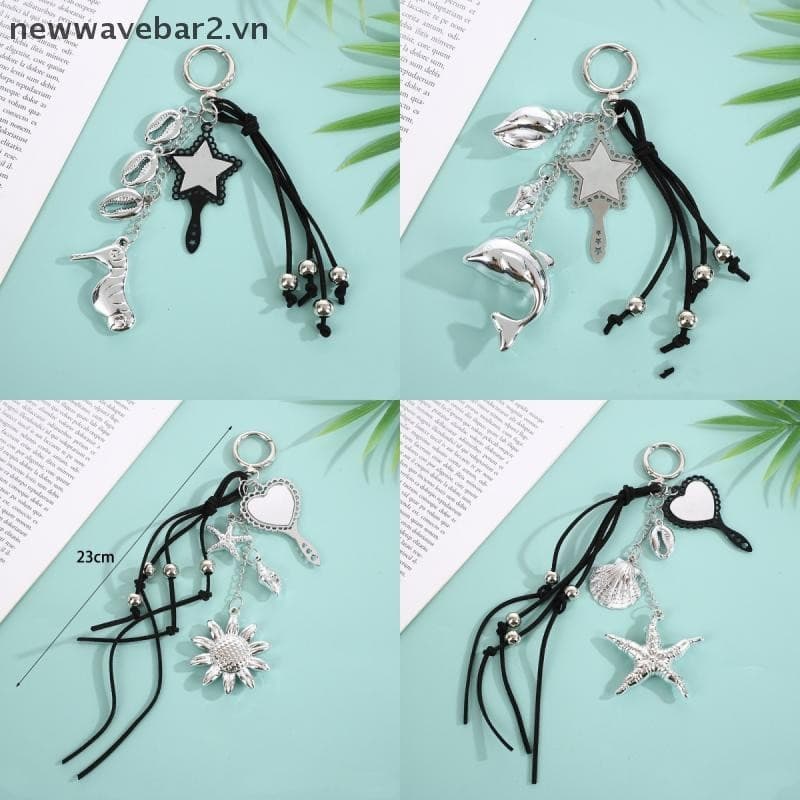 Nobleflyingnew Y2K Estrela Espelho Pingente Frisado Chaveiro Golfinho Cavalo Marinho Ornamentos Moda Mochila Charme Aces