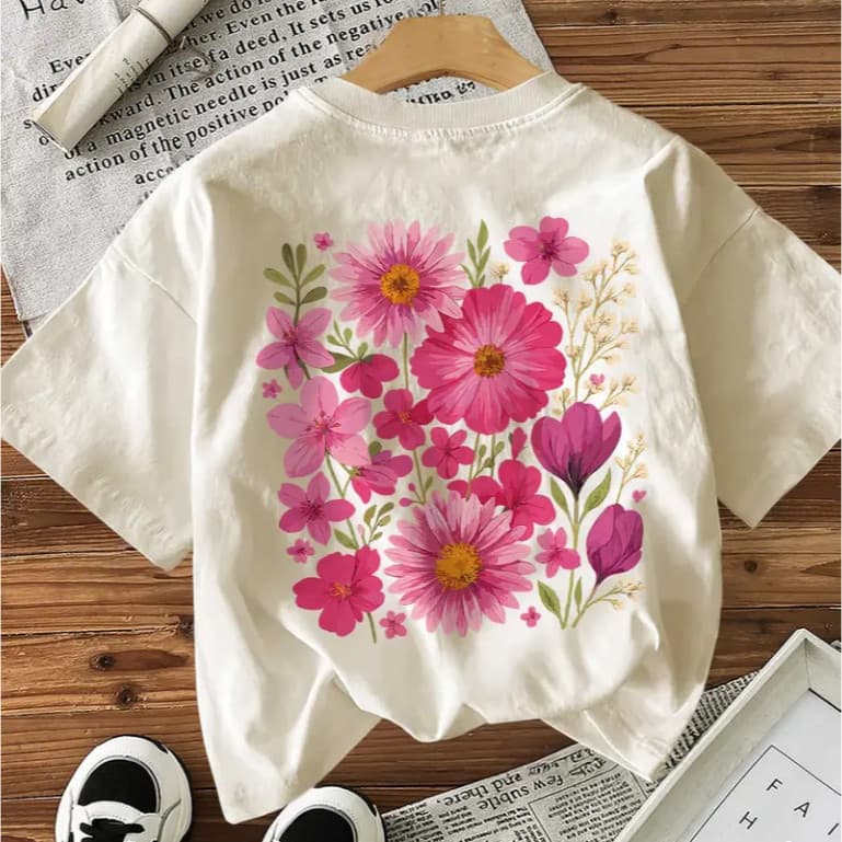 Camiseta Feminina Algodão Flores Pink Vintage