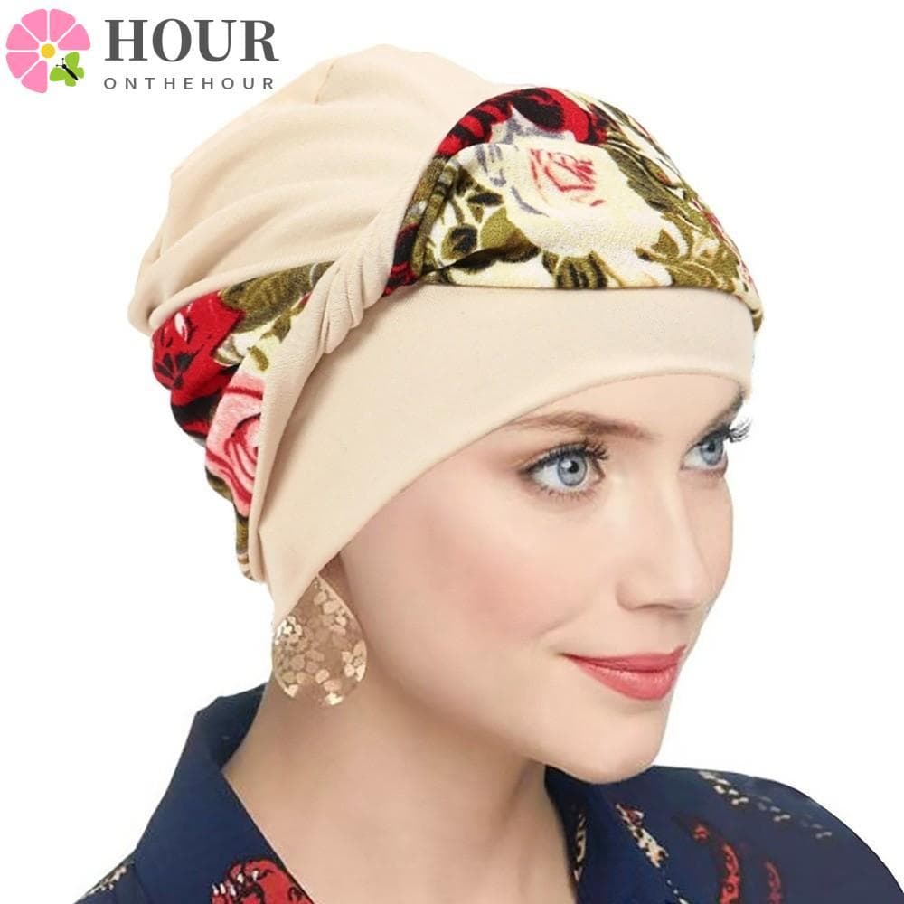 Chapéu De Quimioterapia Com Nó De Hora , Envoltórios De Cabeça Elásticos E Macios , Turbante Estampado Flores Respirávei