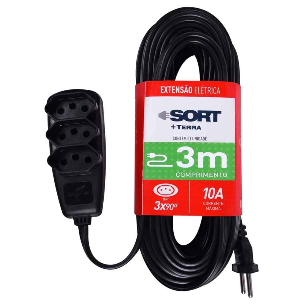 Extensão Elétrica Daneva DN1786 – SORT PP 3x0,75, 2P+T, 10A, 3m, Preto