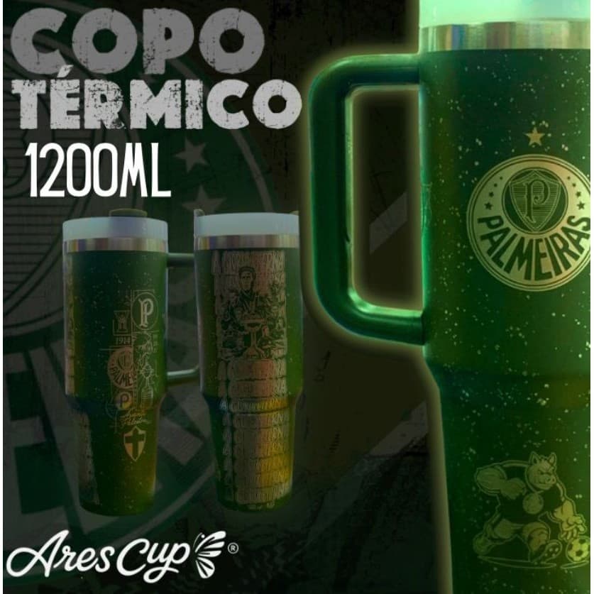 Copo Térmico Palmeiras Inox Com Alça Canudo 1.2ml