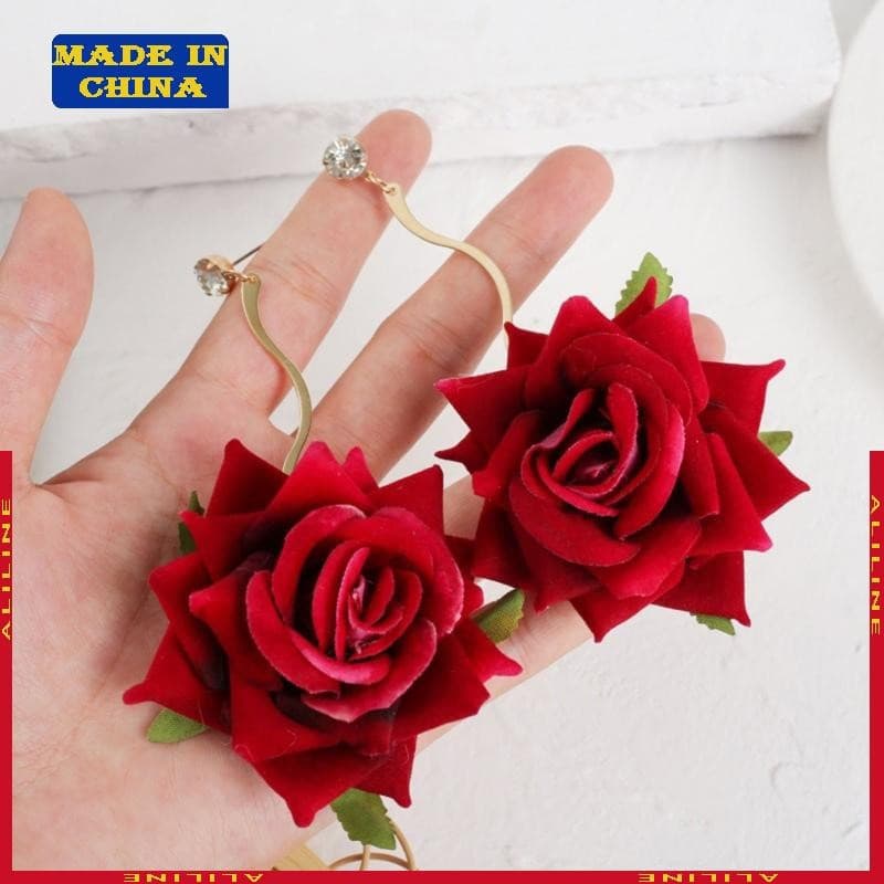 Romântico Delicado Rosa Vermelha Dangle Brincos Floral Blooming Para Menina
