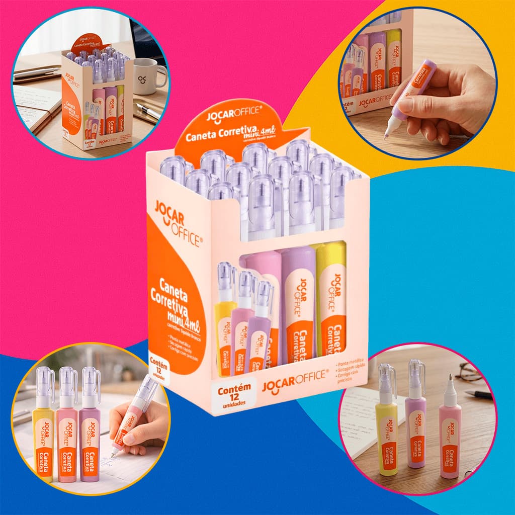 Kit 3 a 12 Mini Canetas Corretivas Escolar Ponta Metal 4ml Branquinho Colorido