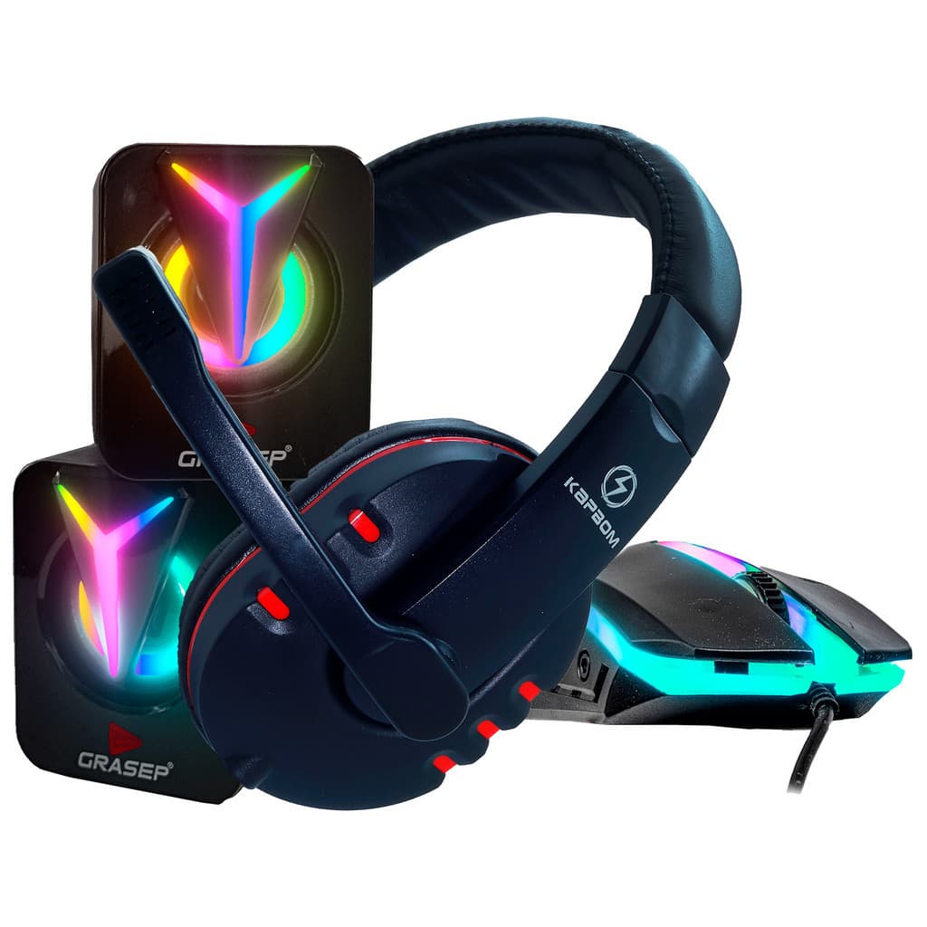 Kit Gamer Completo Caixa De Som Volume Alta Led RGB + Fone De Ouvido Gamer P2 + Mouse Gamer Iluminação RGB Chroma