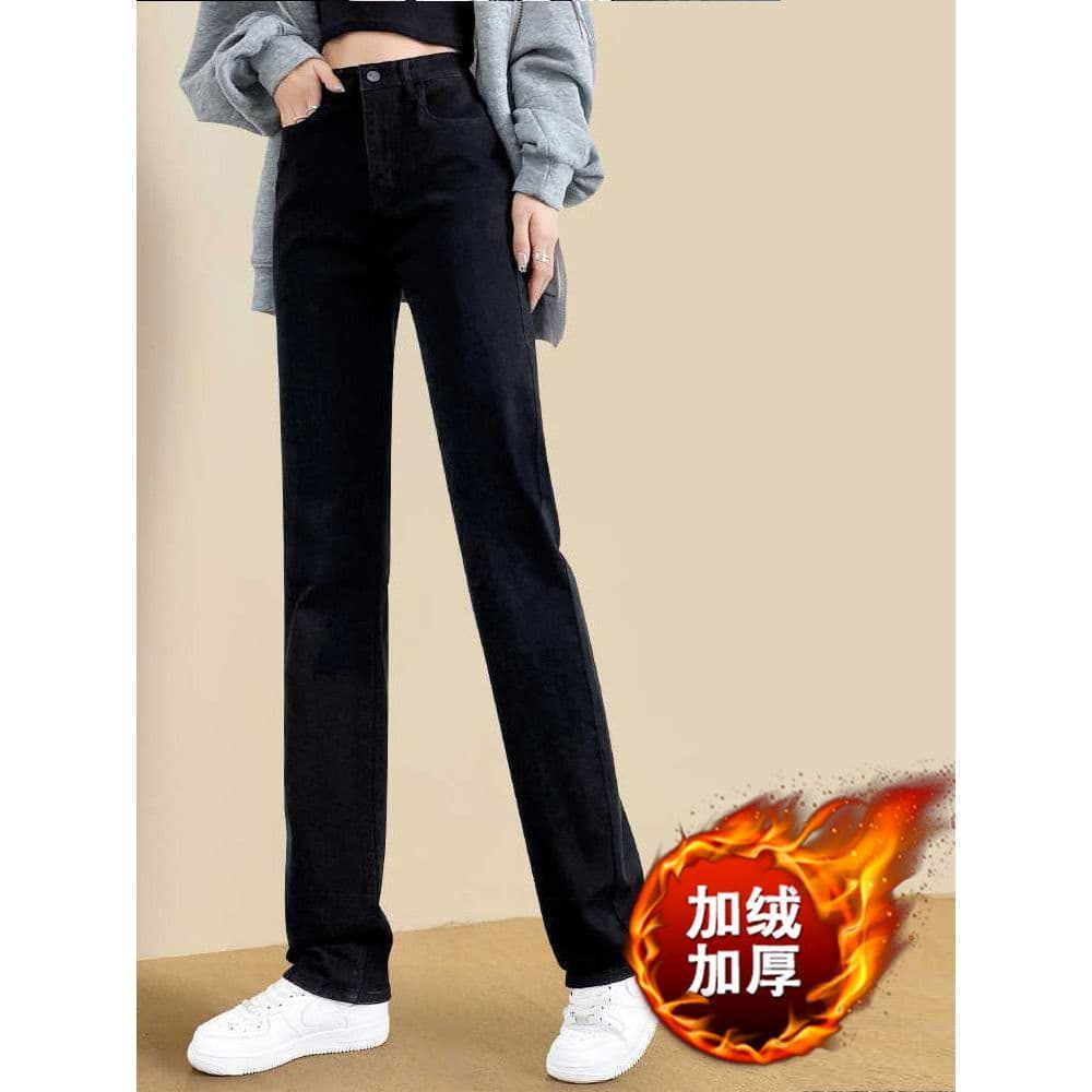 Tamanho grande mais veludo engrossado preto reto Jeans feminino primavera outono versão estreita cintura alta mais magro