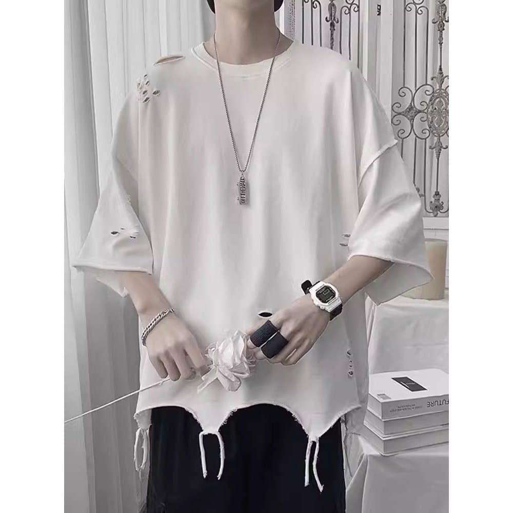 Camiseta masculina de manga curta, roupa de rua, Hip-Hop, meia manga, americana, rasgada, camisa de fundo branca, camise